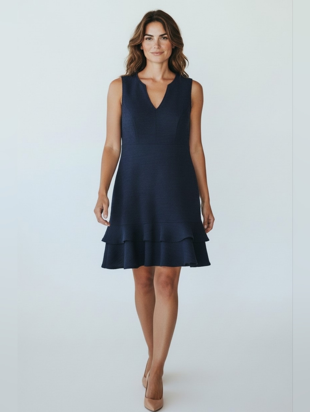 Sharagano Navy Blue Sleeveless Ruffle Tweed Mini Dress Size 4P NWT Fit & Flare